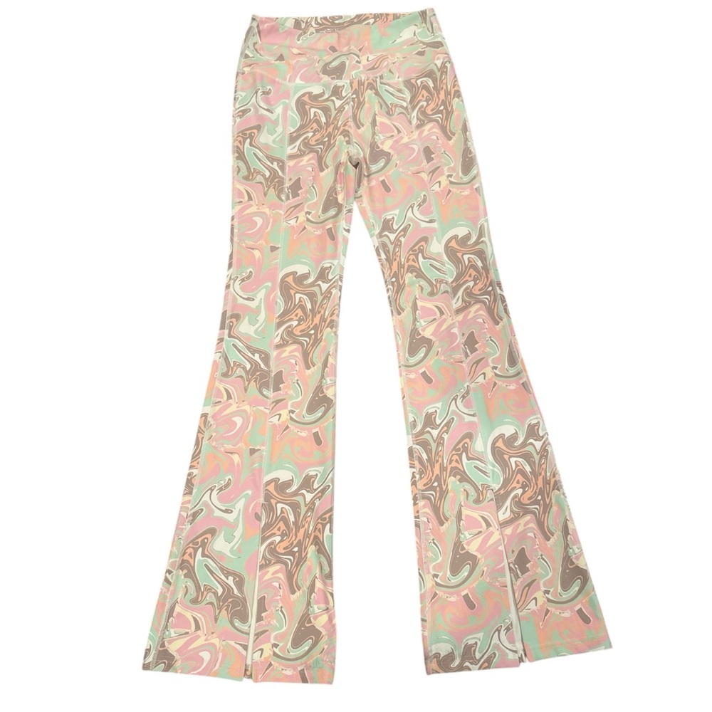RSQ PASTEL BABY PINK MARBLED HIGH RISE SPLIT FLARED BOTTOM YOGA PANTS S